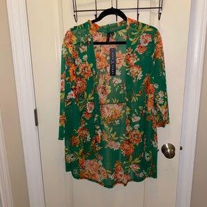 Kimono, Sheer Green floral 3/4 sleeve